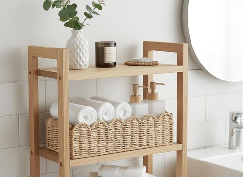 CubesLand Scalloped Edge Toilet Paper Storage Basket - Cozy Home Decor | Beige, Small Size with 2 Wooden Handles