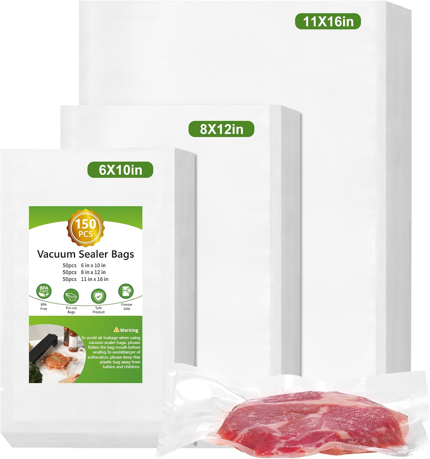 Vacuum Sealer Bags - 150 Precut Food Saver Seal Bags | BPA-Free, Puncture Resistant, 50 Gallon & More