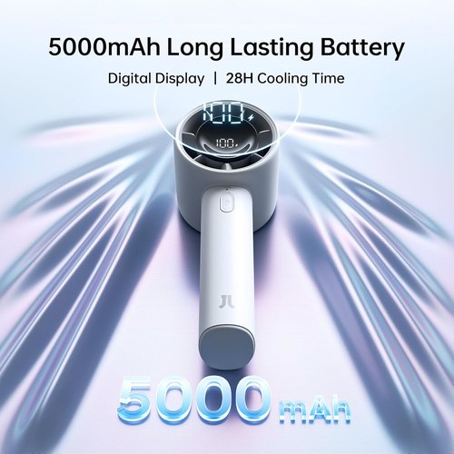 JISULIFE Handheld Turbo Fan - 5000mAh Rechargeable Portable Fan | 28-Hour Battery Life, 5-Speed Wind (Gray)
