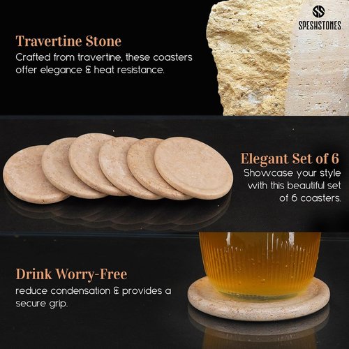 SPESHSTONES Marble Coasters Set of 6 Round 3.5 Inch Travertine Coaster for Drinks with Holder - Ideal Stone Drink Coasters for Coffee Bar Accessories, Gifts, Dining Table & Home Décor