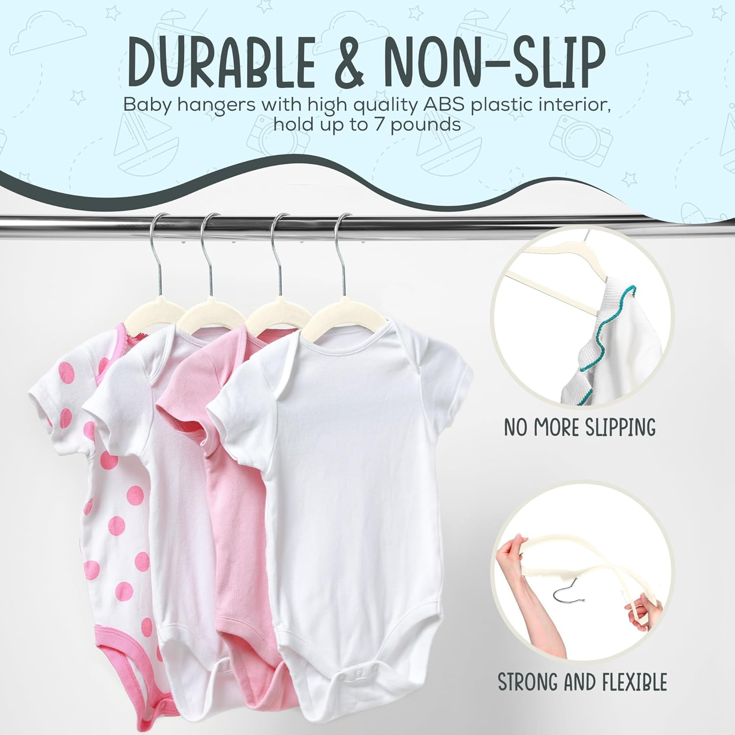 TechZoo 50 Premium Baby Velvet Hangers - Non-Slip, Ultra-Slim Space-Saving Design - 360° Swivel Hook, Ivory