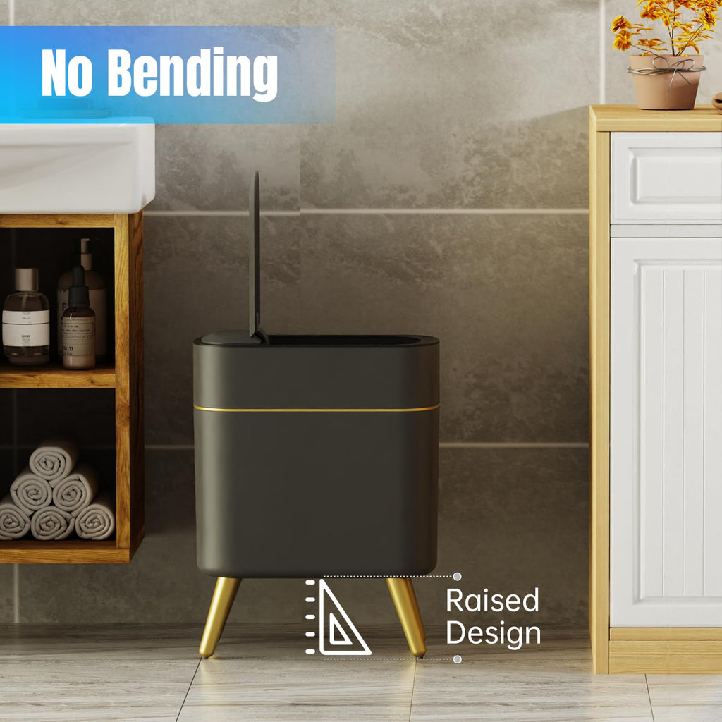 Yatmung Bathroom Trash Can Automatic Touchless Modern Smart Trash Bin - Narrow Waste Basket for Bedroom, Laundry Room, Office, Plastic - Motion Sensor Garbage Can with Lid - Black with Gold Edge