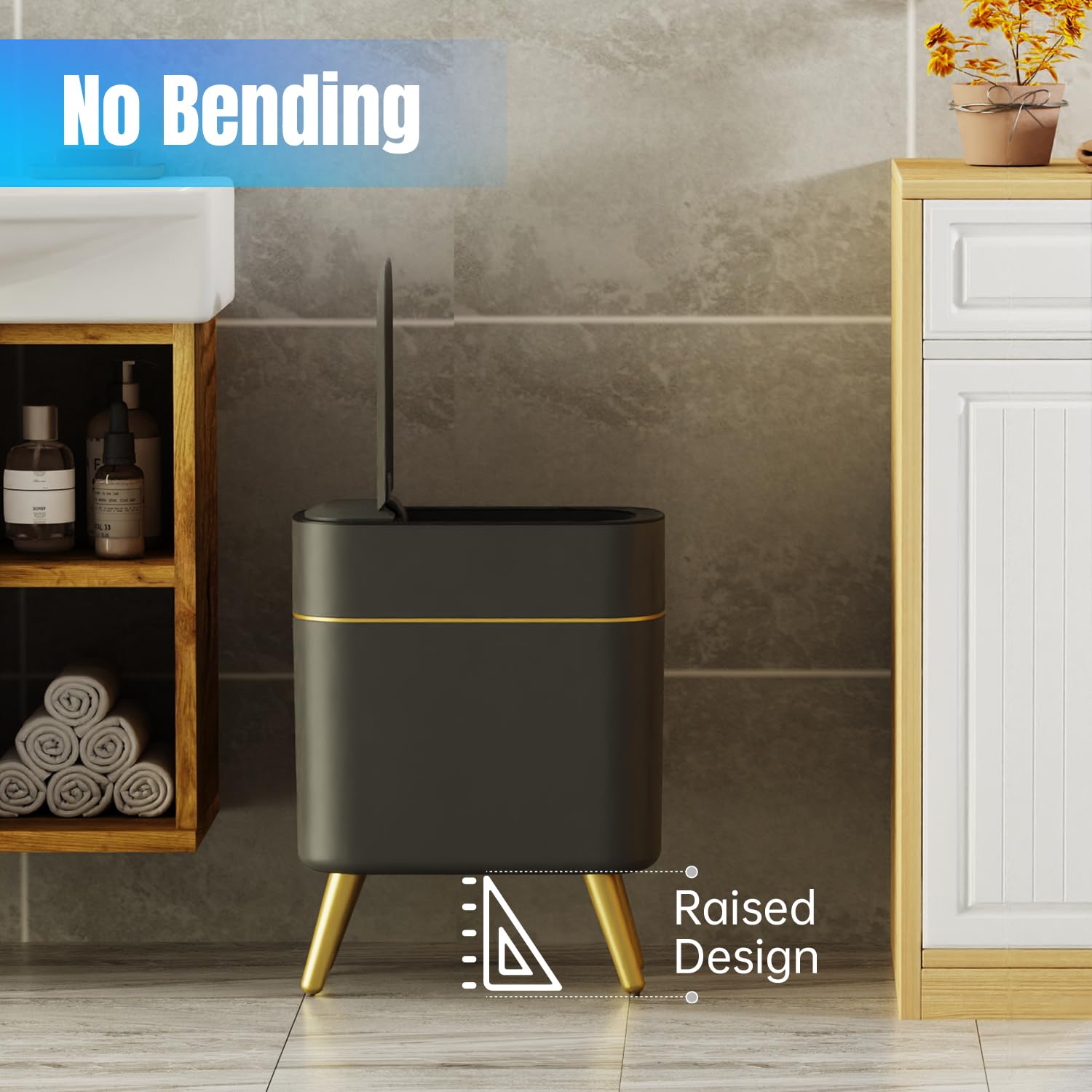 Yatmung Bathroom Trash Can Automatic Touchless Modern Smart Trash Bin - Narrow Waste Basket for Bedroom, Laundry Room, Office, Plastic - Motion Sensor Garbage Can with Lid - Black with Gold Edge