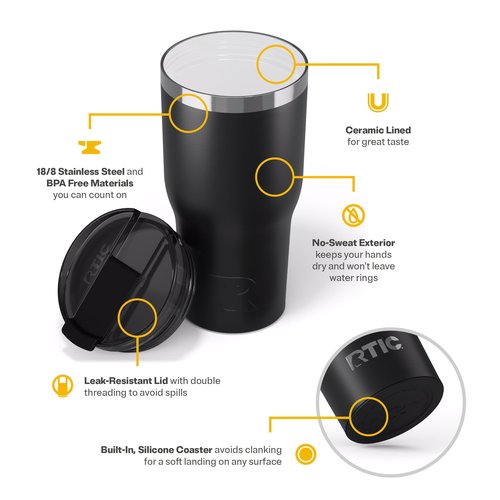 RTIC 30oz Essential Tumbler with Lid, Ceramic Lined, Insulated, Stainless Steel, Metal, Double Wall Vacuum-Insulation, Travel Cup for Iced Coffee, Tea, Hot and Cold Drink, Black