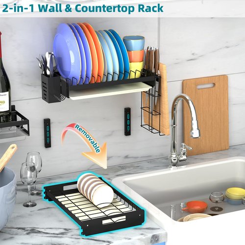 Besamery Hanging Wall Mounted Dish Drying Rack Set with Detachable & Removable Layer*2, Hook*4, Drain Tray*2, Apartment & RV Wall Mounted Dish Rack, Adhesive Mountable, Length: 15.9", Washable (Black)