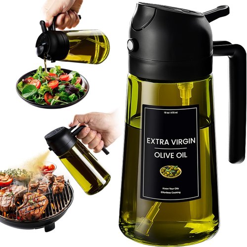 CXINYI - 16oz Olive Oil Dispenser with Stickers | 2-in-1 Sprayer for Cooking & Salad - Black