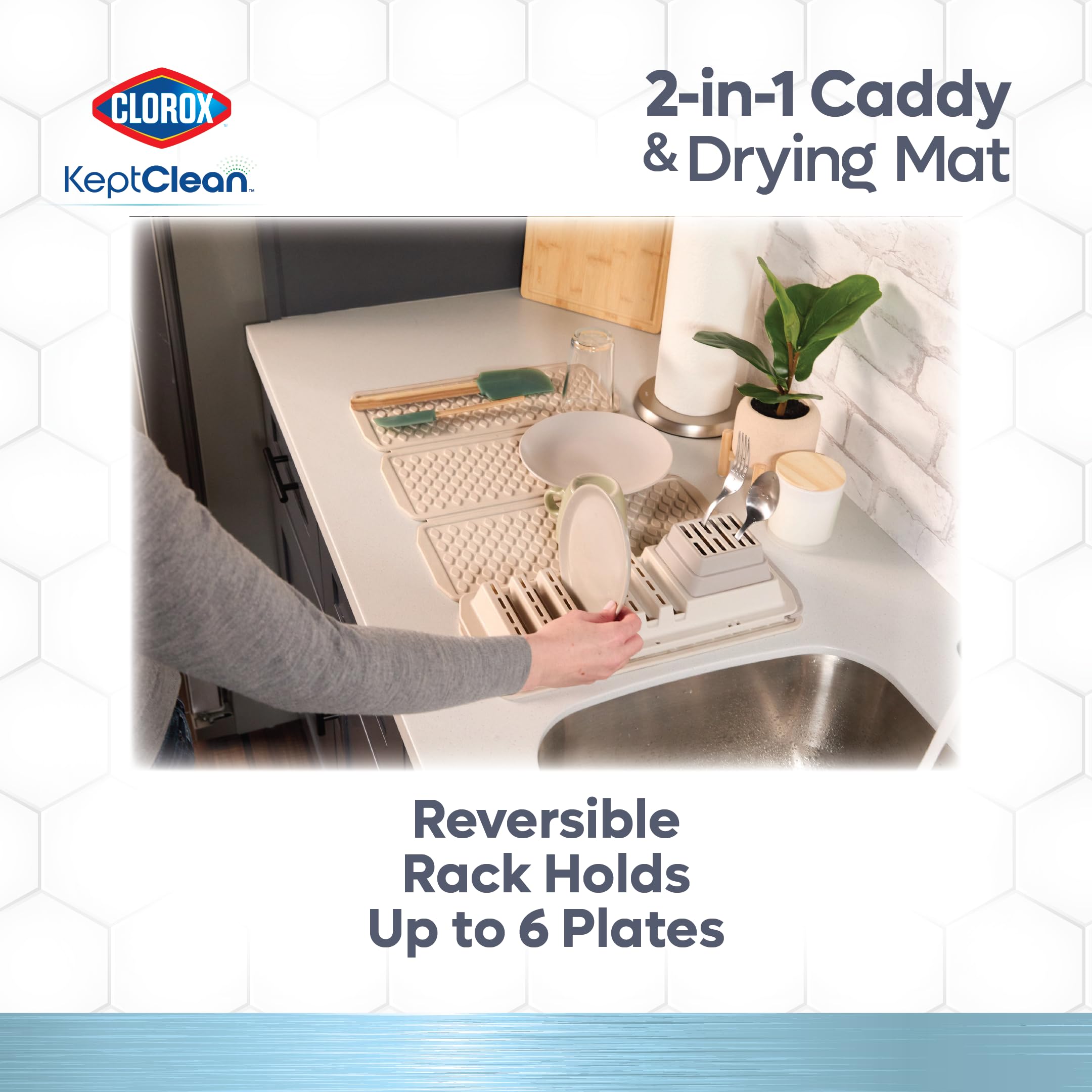 Clorox KeptClean 2-Piece Folding Kitchen Sink Mat and Sink Organizer – Folding Mat for Elevated Drying and Storage, Extending Organizer Dries 6 Plates, Flips to Dry Accessories – Almond Cream