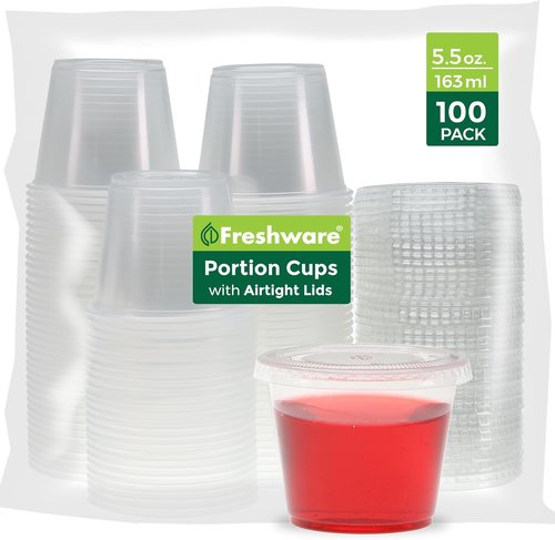 Freshware Plastic Portion Cups - 5.5 Ounce Souffle Cups with Lids | Ideal for Jello Shots, Sauces, and Snacks (100 Sets)