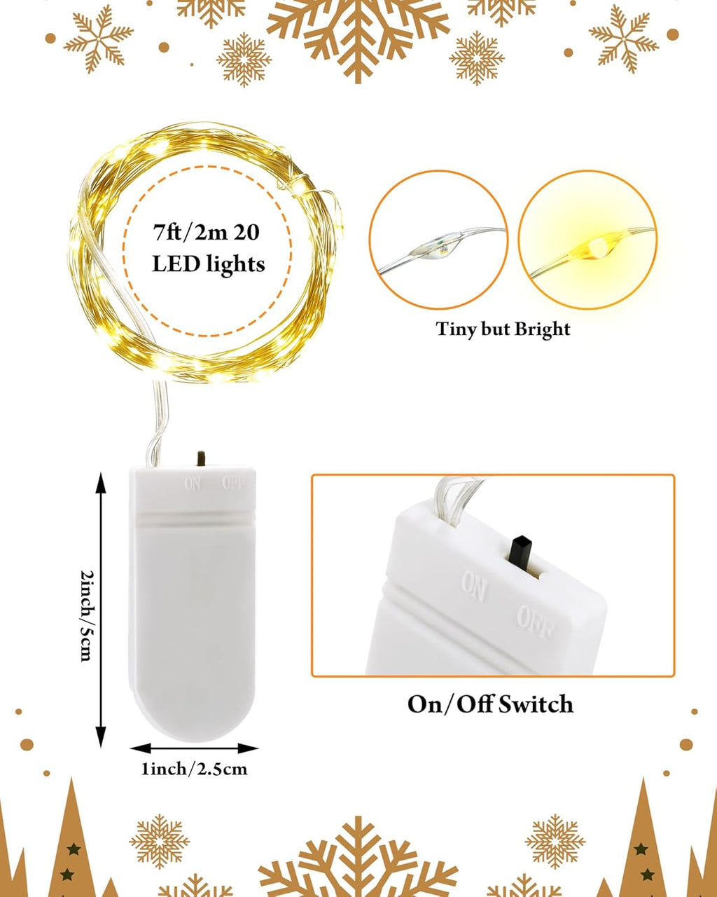 Riakrum LED Fairy Lights - 20 Battery Operated String Lights for Weddings & Parties | 7ft, Waterproof, Warm White