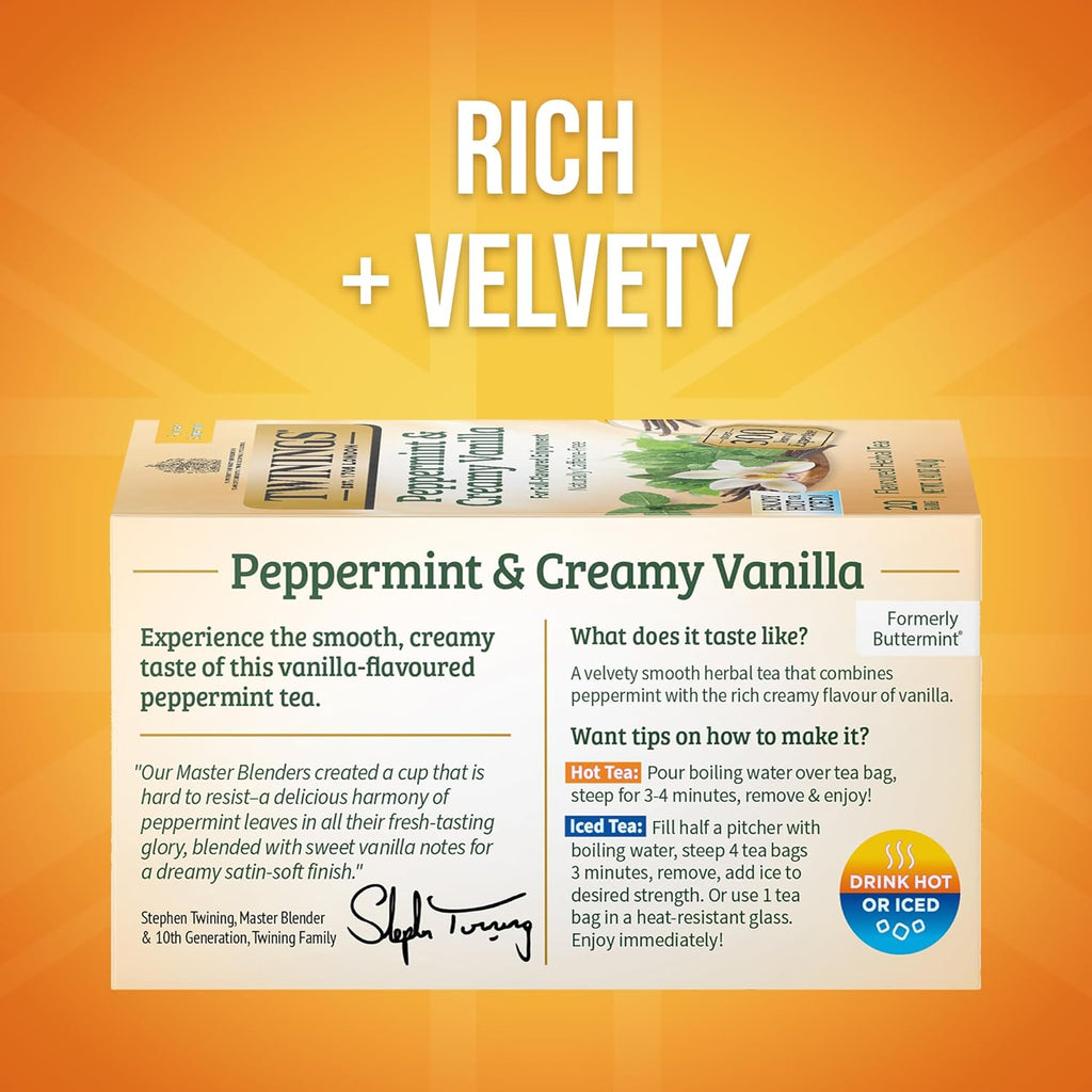 Twinings Peppermint & Creamy Vanilla Herbal Tea - Caffeine-Free, 20 Individually Wrapped Bags (Pack of 2)