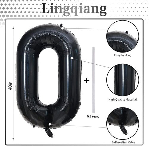 Black Number 0 Balloon - 40 Inch Large Foil Mylar Helium Balloon for Birthday & Graduation Celebrations