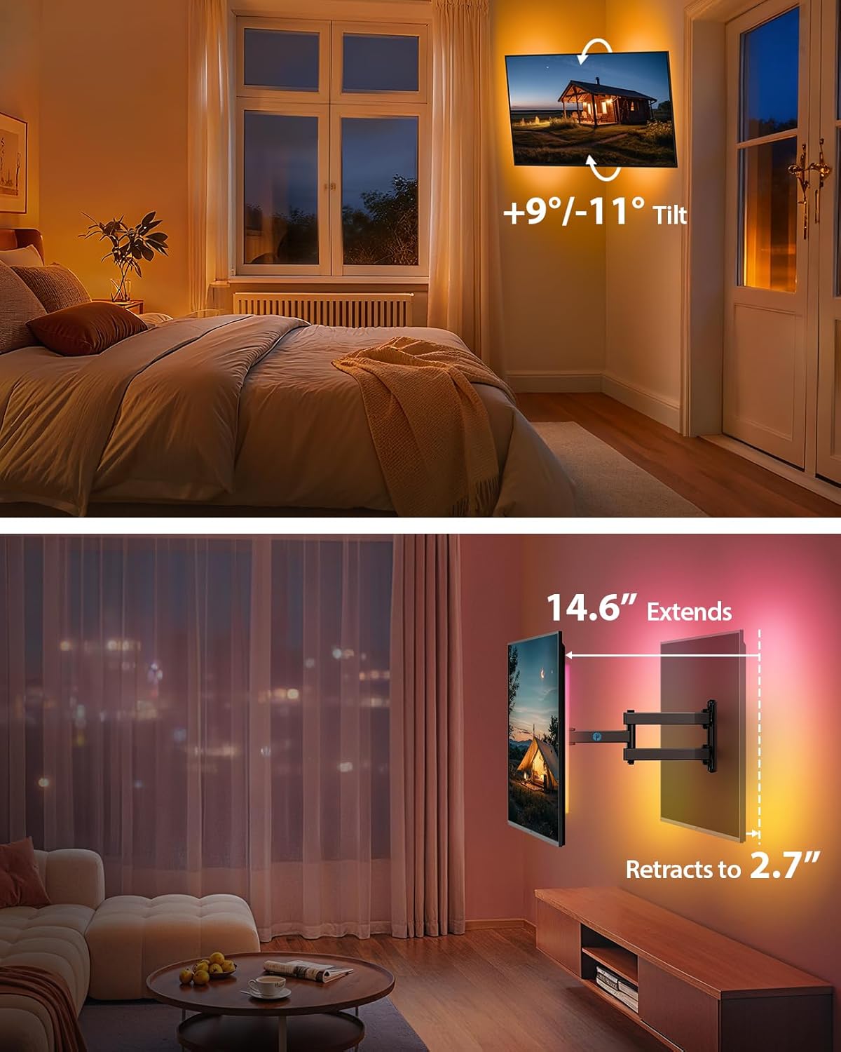 Pipishell Full Motion TV Wall Mount - Backlit Design with Music Sync for 13"-43" TVs, Max VESA 200x200mm