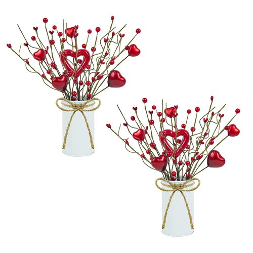 Caplidou 2 Pcs Valentines Day Decorations, Valentines Day Centerpiece for Table Artificial Heart Berry Stems Picks with Vase Floral Arrangement for Mantel Party Wedding Anniversary Home Office