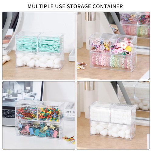 GOXITAX 2 Pack Qtip Holder Dispenser with Lid , Plastic Bathroom Vanity Canister for Counter, Drawer and Cabinet Use, Cotton Balls, Makeup Pads, Floss Picks, Clear Desk Container