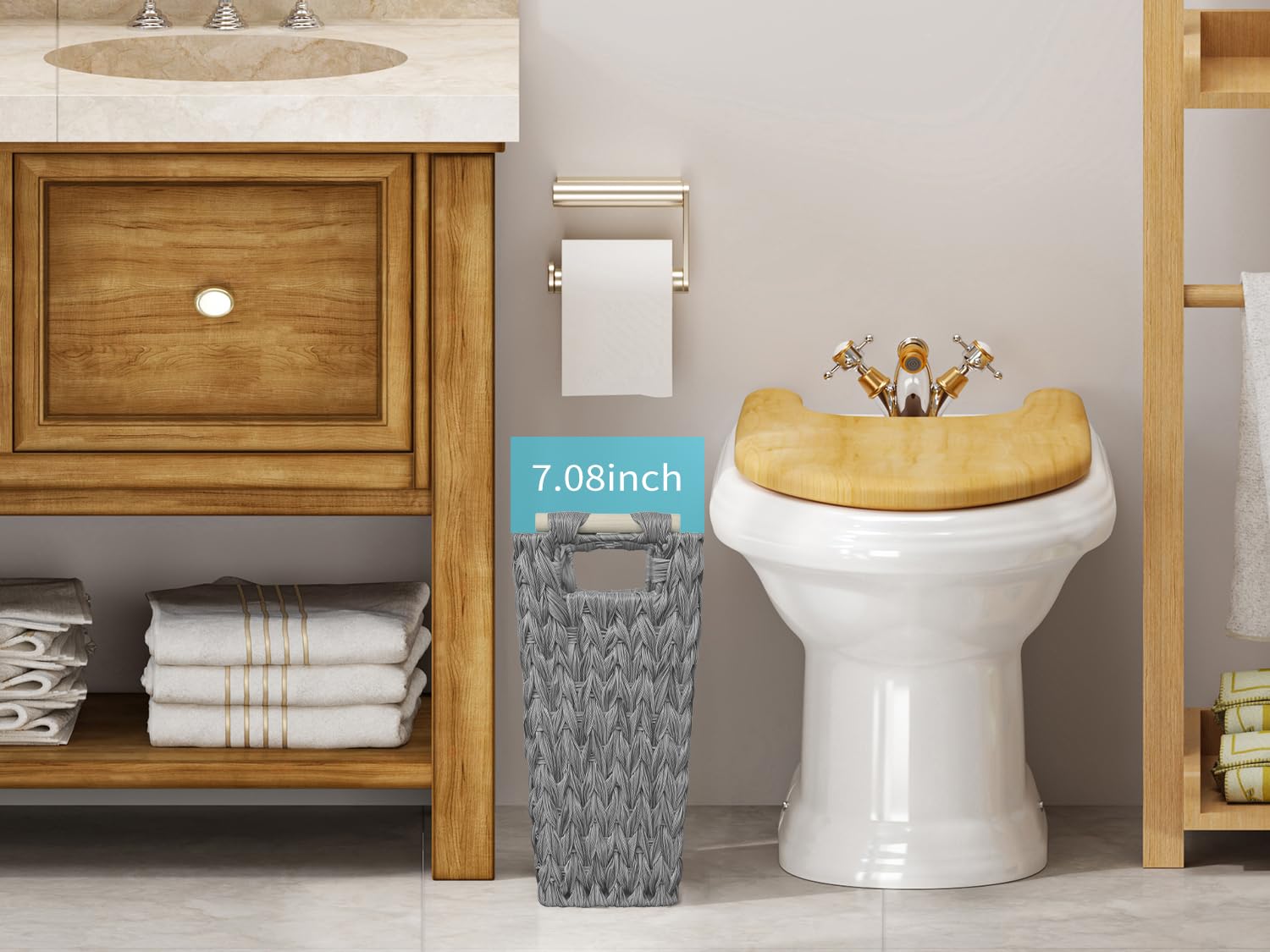 Coeusy Wicker Trash Can,6 Gallon Waterproof Bathroom Garbage Canwith Handle,Narrow Small Waste Basket for Bedroom,Office,Grey