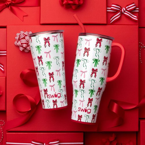 Swig Life 40oz Mega Mug, 40 oz Tumbler with Handle and Straw, Cup Holder Friendly, Dishwasher Safe, Extra Large Insulated Tumbler, Stainless Steel (Ribbons and Bows)