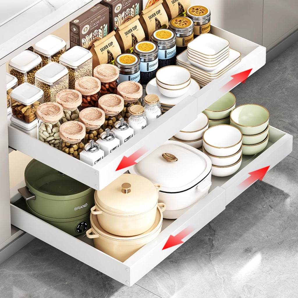 Mnftive 2PCS Expandable Pull Out Cabinet Organizer pots and pans organizer under cabinet Upgrade 3 Slide Rails Slide Out Drawers Roll Out Shelves Adhesive,Adjustable Width