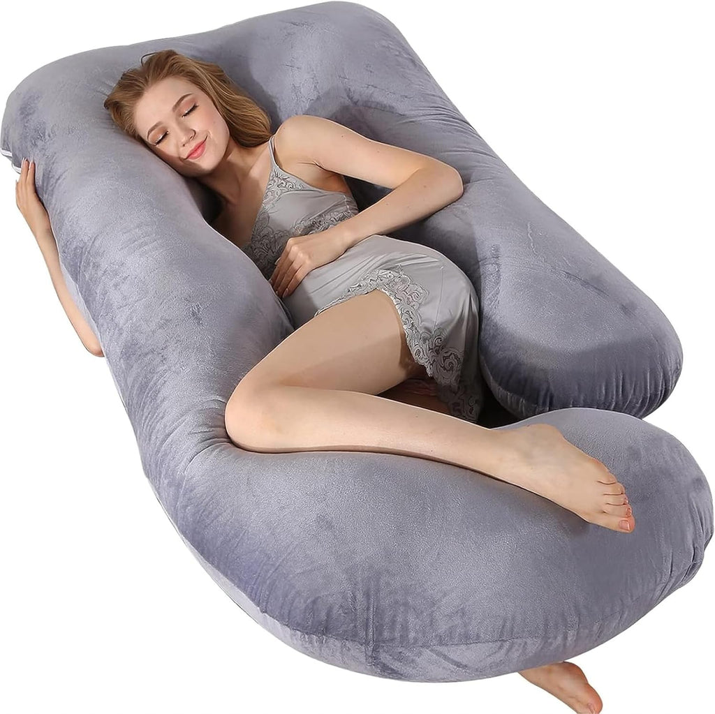 Skiennix 60-Inch U-Shaped Pregnancy Pillow - Cooling Full Body Support with Removable Velvet Cover | Grey