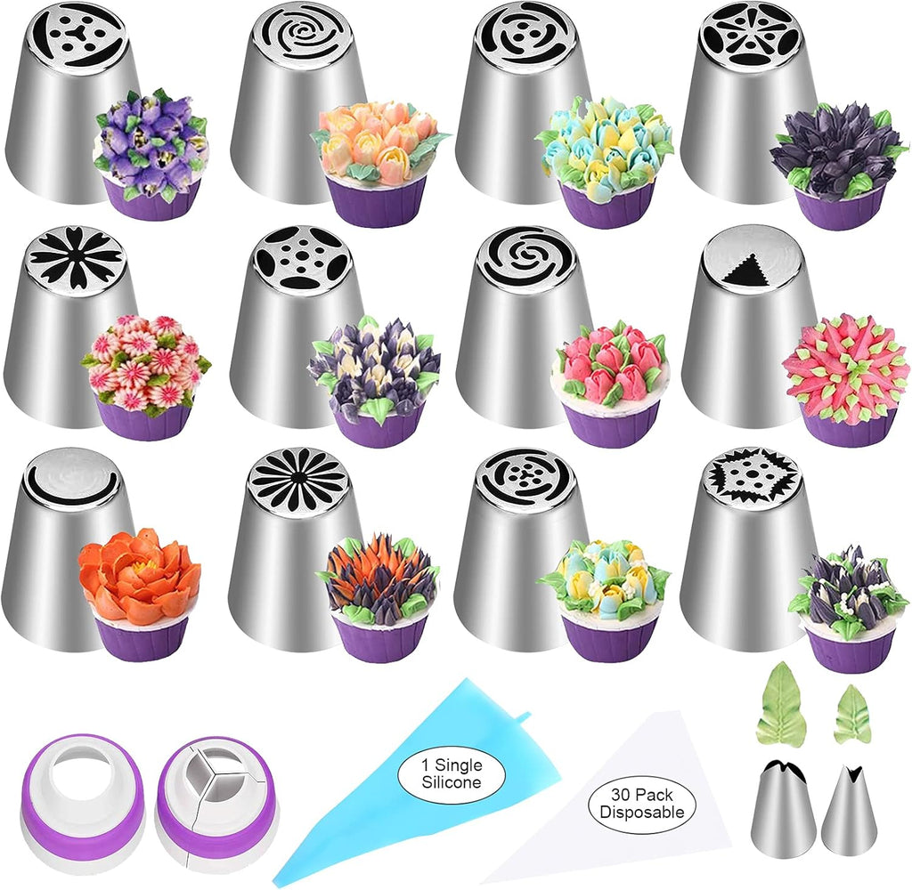 YLYL 47-Piece Russian Piping Tips Set - 12 Flower Frosting Nozzles & Baking Supplies for Cake Decorating
