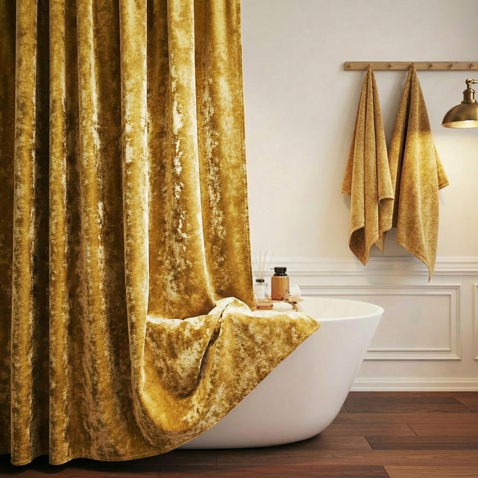 TAMGHO Mustard Gold Shower Curtain for Bathroom, Crushed Velvet Dark Mustard Yellow Shower Curtain with Gold Decro Metal Hooks, Machine Washable Thick Fabric, 72 x 72 inches