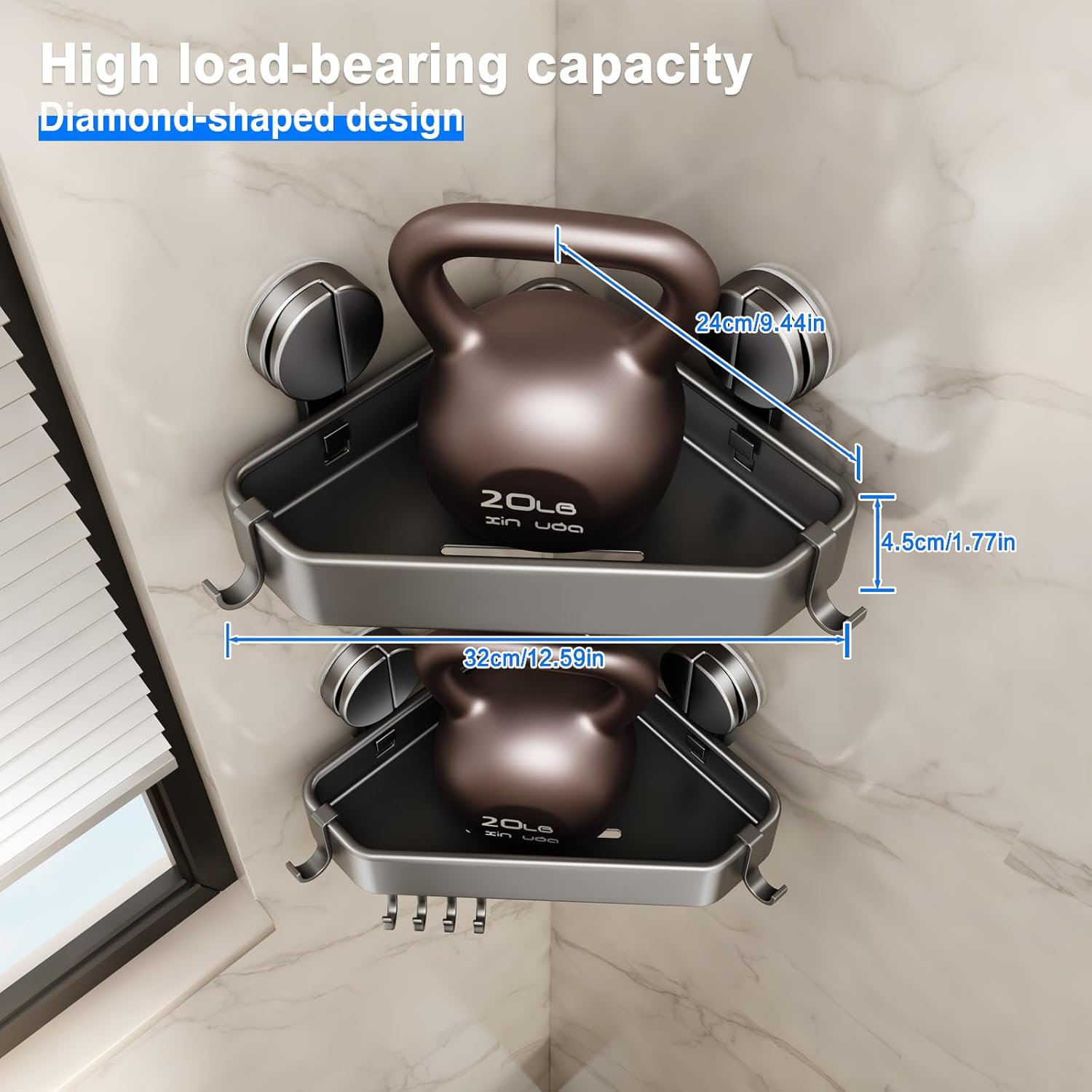Mustorn Suction Cup Shower Caddy - Rustproof Corner Organizer with Towel Holder & Hooks | 2 Pack (Gray)