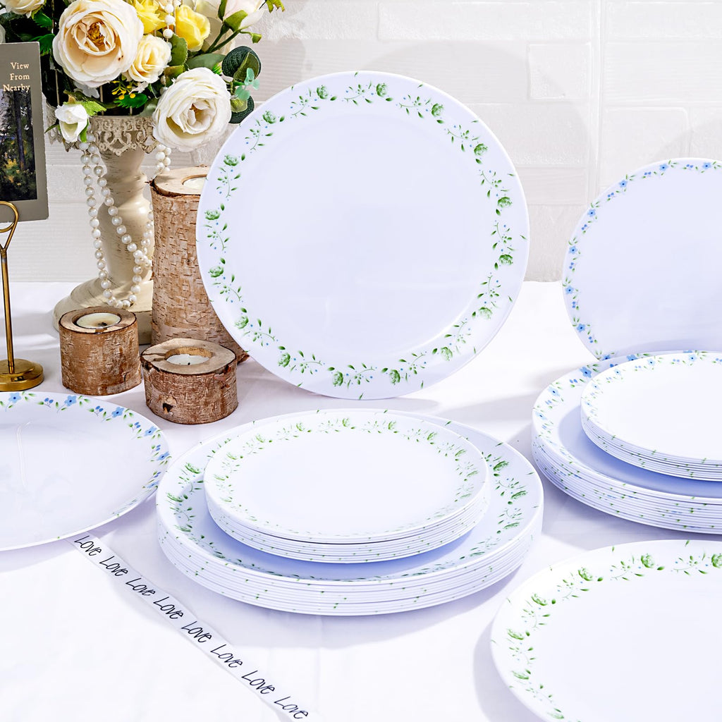 YOUBET 60PCS Floral Plastic Plates - Disposable Decorative Plates Set for 30 Guests - Blue and Green Floral Plate - Spring Plastic Dishes Dinnerware Sets for Tea Party & Wedding & Bridal Shower