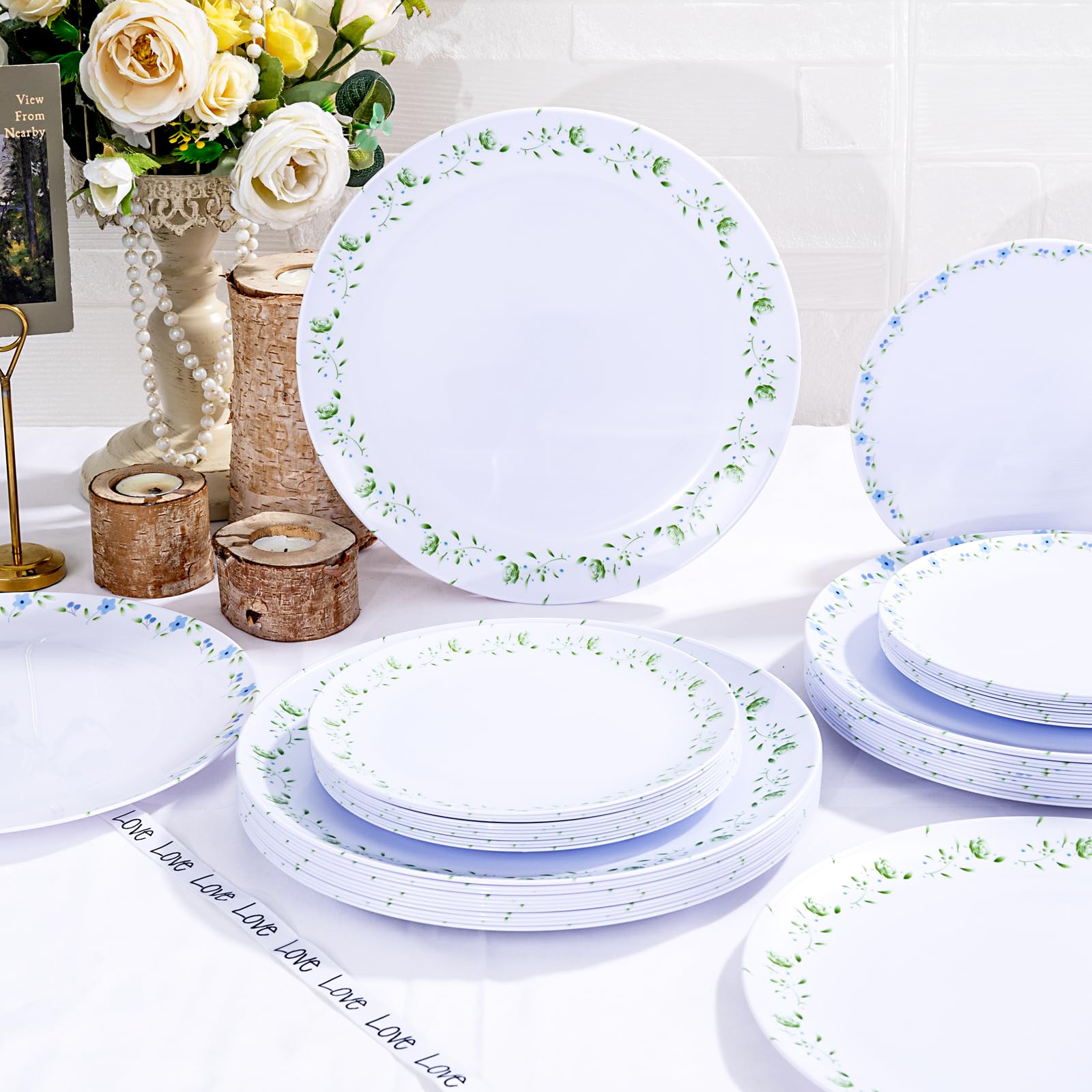YOUBET 60PCS Floral Plastic Plates - Disposable Decorative Plates Set for 30 Guests - Blue and Green Floral Plate - Spring Plastic Dishes Dinnerware Sets for Tea Party & Wedding & Bridal Shower