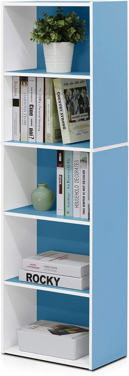 Furinno LUDER 5-Tier Bookshelf - Open Shelves for Easy Assembly | White & Light Blue, 9.4 x 15.8 x 52 Inches
