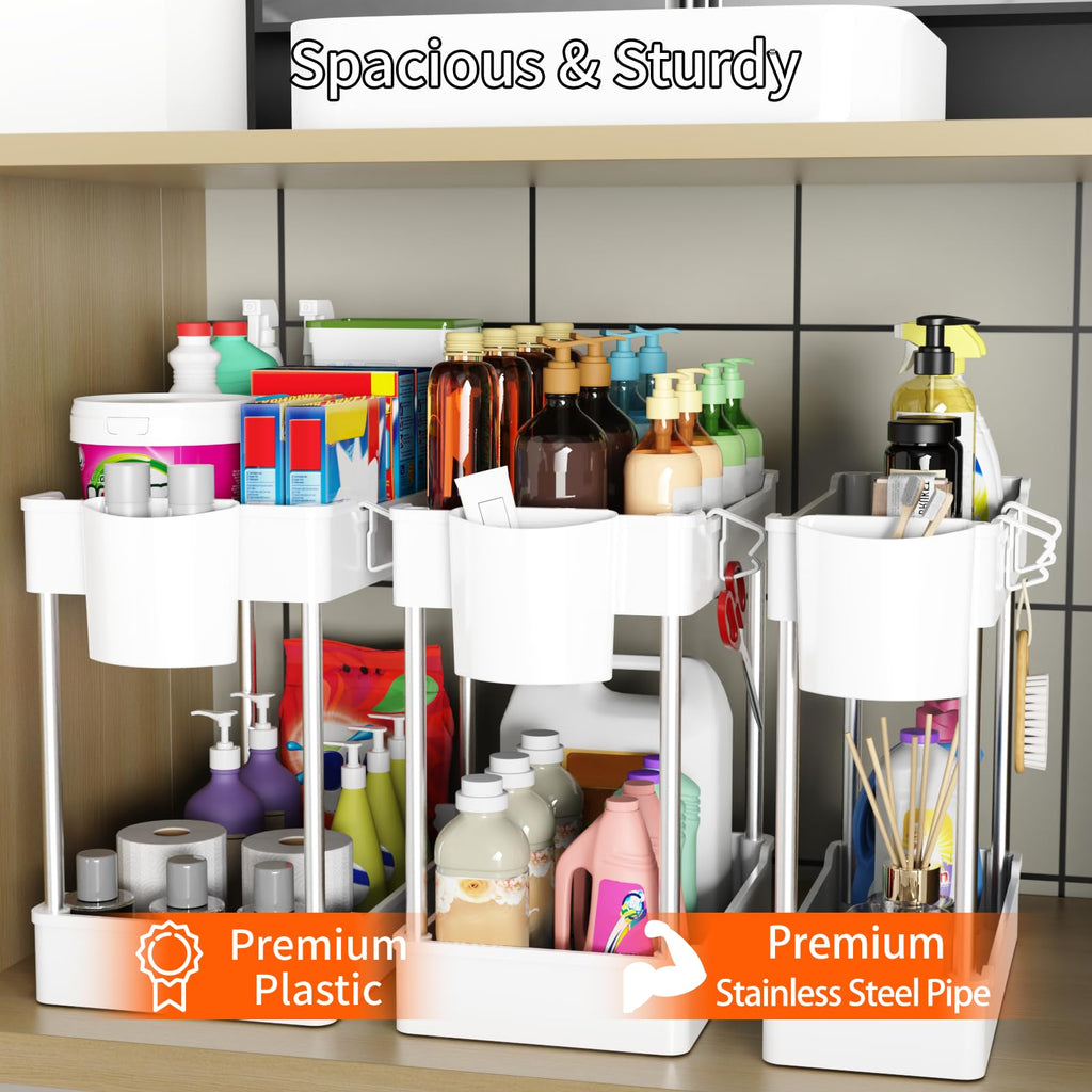 JYSMYWS 3 Pack Under Sink Organizers and Storage, 2 Tier Bathroom Cabinet Organizer Shelf with Hanging Cups for Kitchen & Bathroom (White)