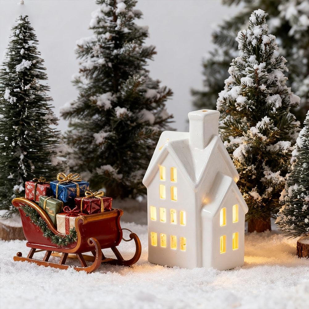 Skiennix Light Up Christmas Village House Decor - White Ceramic Tabletop Centerpiece (1 Piece)