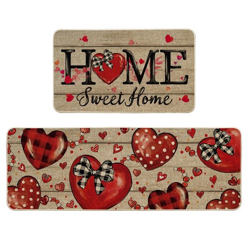 Artoid Mode Home Sweet Home Heart Beads Valentines Kitchen Mats Set of 2, Low-Profile Home Decor Kitchen Rugs for Floor - 17x29 and 17x47 Inch