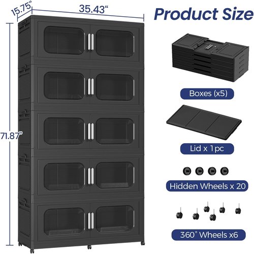 250GAL Extra Large Storage Bins - Stackable Collapsible Containers with Lid & Wheels | 5-Pack Black