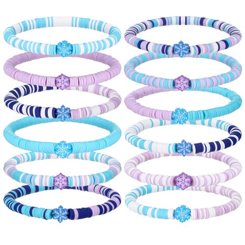 Huquary Snowflake Bracelets Winter Wonderland Party Favors Galentine's Day Gifts Snowflake Birthday Supplies Prize Stretch Adjustable Blue Purple Friendship Clay Bracelet for Birthday Goodie Bag Decor