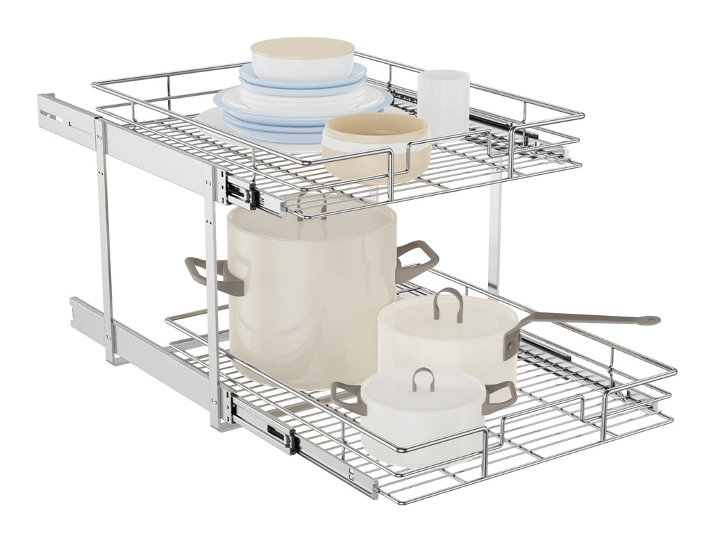 LOVMOR Individual Pull Out Cabinet Organizer, 2 Tier Slide Out Cabinet Drawers, Pots and Pans Organizer and Storage Pantry Shelf for Kitchen (20" W x 18" D)