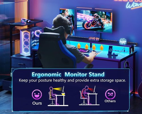 Casaottima 59 Inch Gaming Desk with USB Charging Ports & LED Light - Reversible Computer Desk with 3 Fabric Drawers, Monitor Stand, CPU Stand, Modern Office Desk, Pure Black