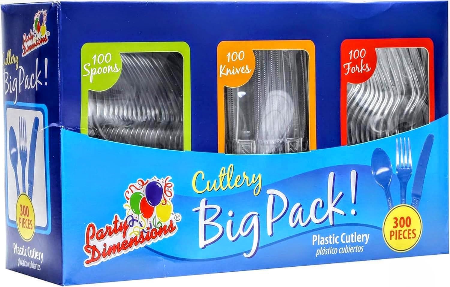 Party Dimensions Plastic Cutlery Set - 300 Count Disposable Clear Utensils | 100 Forks, 100 Spoons, 100 Knives