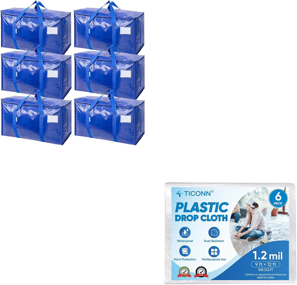 TICONN Extra Large Moving Bags - 6 Pack with Zippers & Handles + 12x9 Ft Plastic Drop Cloth