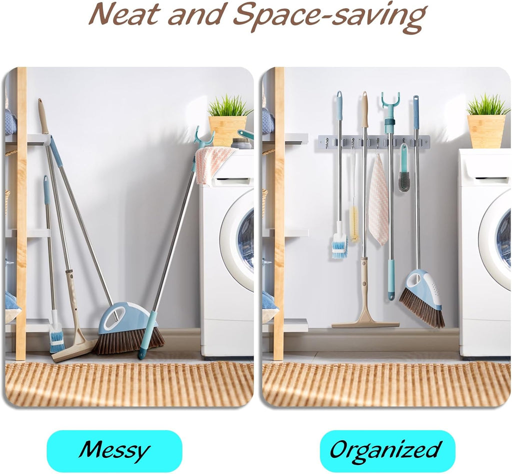 OUTNILI Gray Mop Broom Holder - Heavy-Duty Wall Mount Organizer with 4 Slots & Hooks for Laundry Room