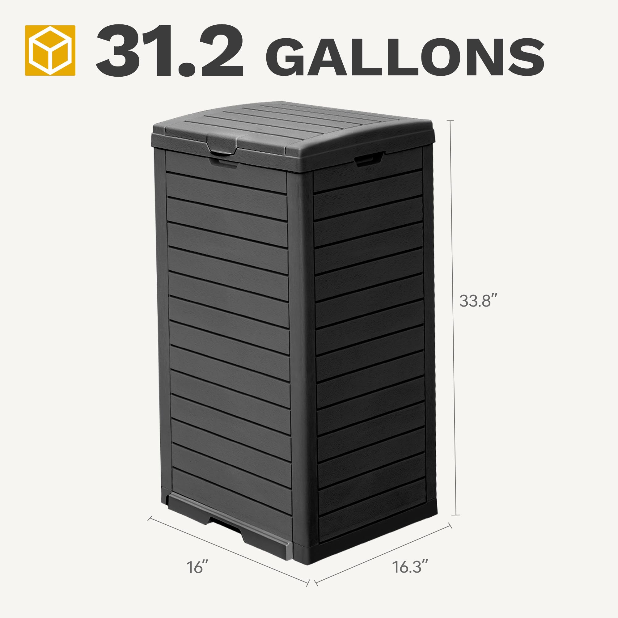 DWVO 38 Gallon Large Outdoor Trash Can, Waterproof Resin Hideaway Garbage Bin with Lid and Drip Tray, Outside Trash Bin for Porch, Backyard, Deck, Patio, Poolside, Easy to Clean, Black
