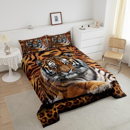 Manfei Tiger 3D Print Comforter Set Queen Size Wild Animals Bedding Set 3pcs for Kids Teens Room Decor,Animal Fur Quilt Set Soft Breathable Duvet Insert with 2 Pillowcases