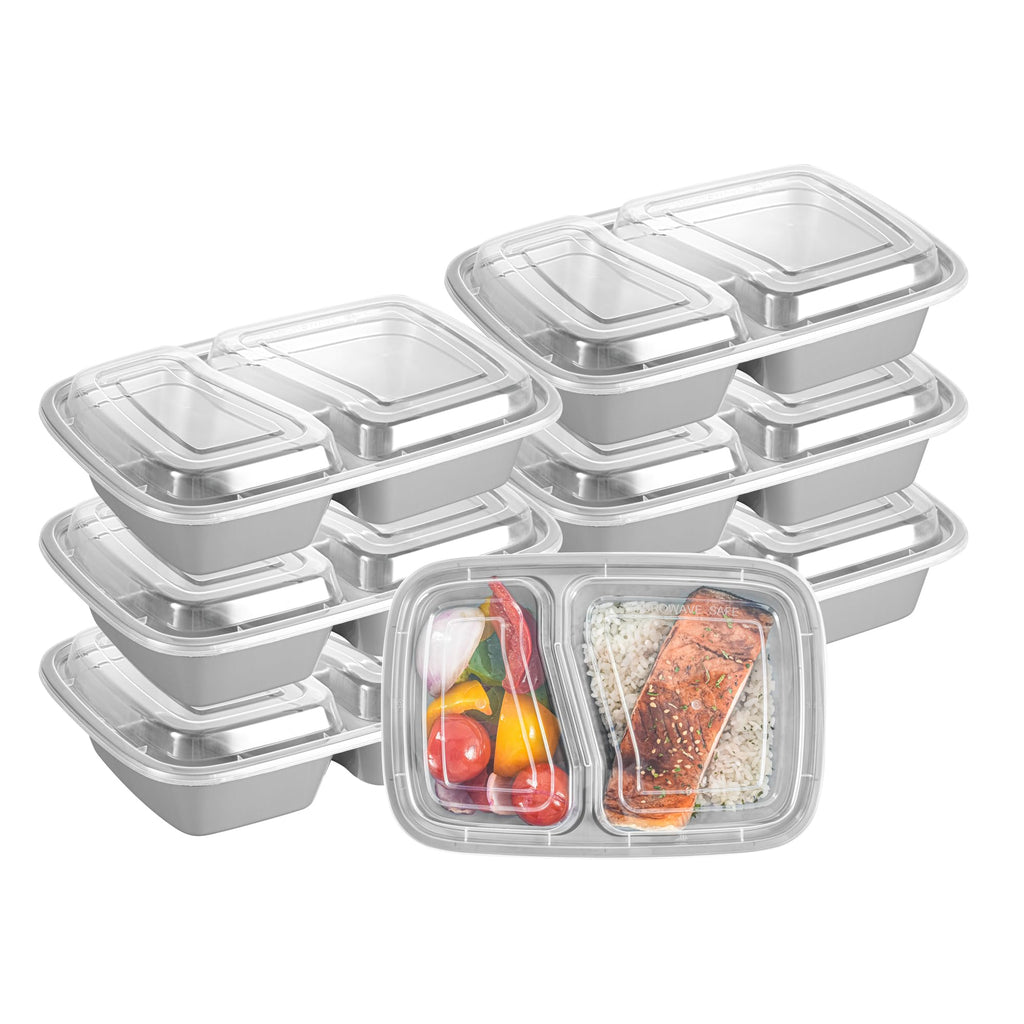Restaurantware-Asporto 26 Ounce Compartment Take Out Boxes, 100 Microwavable Meal Prep Containers - 2 Compartments, With Clear Plastic Lids, Silver Plastic Food Containers, Do Not Contain BPA