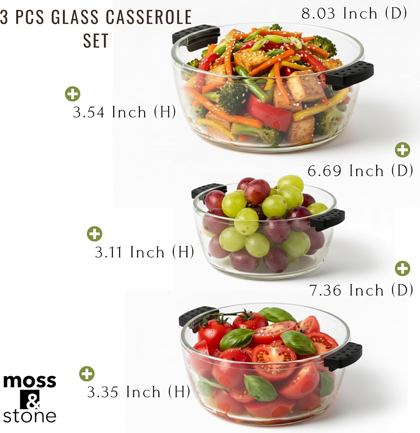 Moss & Stone 6-Piece Borosilicate Glass Casserole Set - Durable Oven & Microwave Safe Dishes | 2.6/1.5/1 Qt