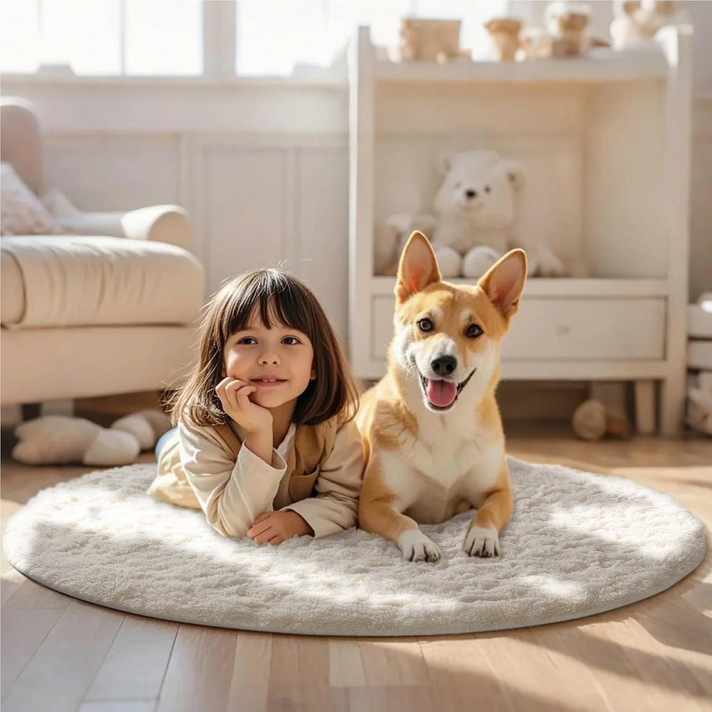 Ophanie Round Rug - 4Ft Ivory Circle Area Rug | Fluffy Plush Shag Carpet for Bedroom & Nursery