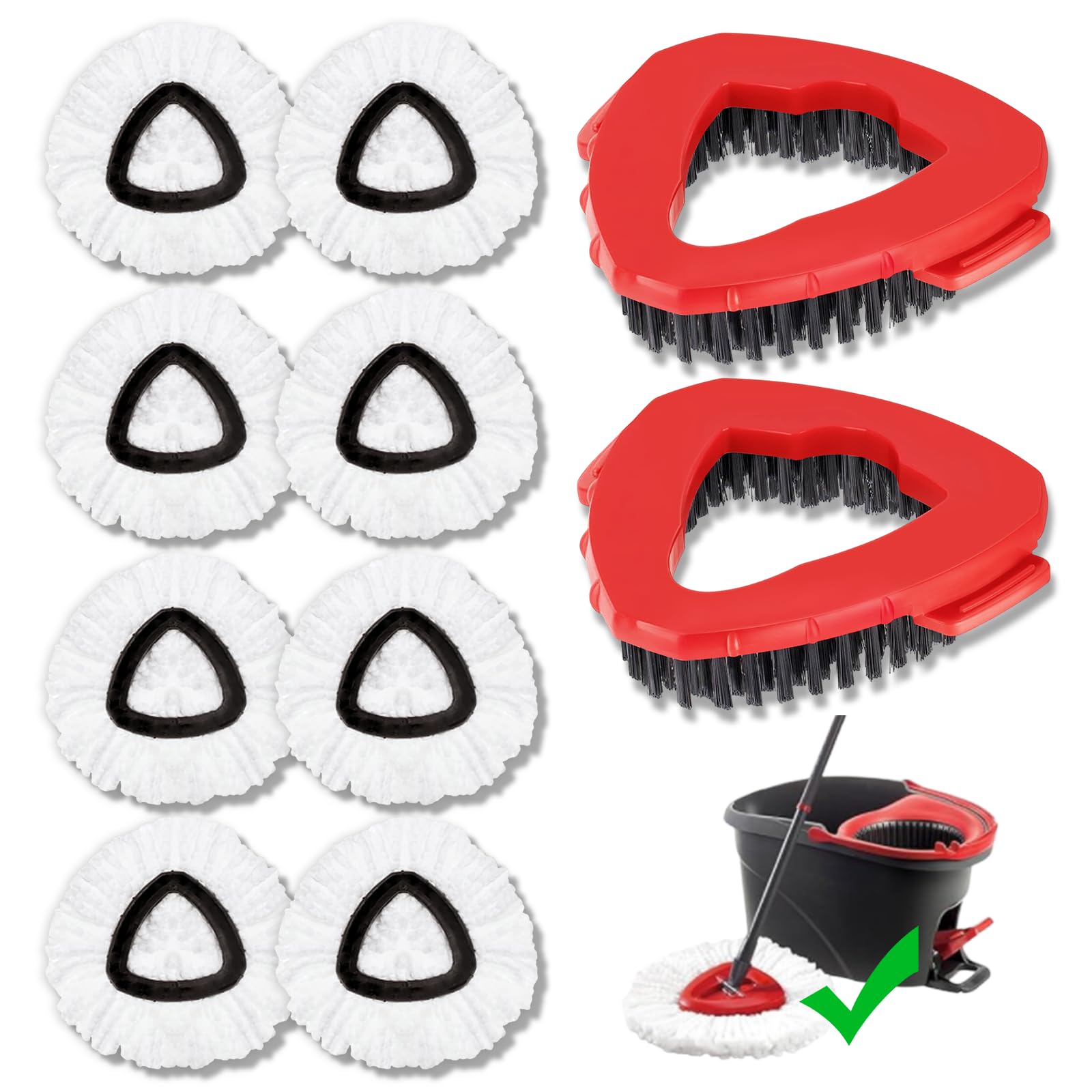 10-Pack Compatible with O-Cedar Mop Heads Replacements: 2 Mop Scrub Brush Head + 8 Microfiber Spin Mop Refills for EasyWring 1-Tank System - Enhanced Cleaning Performance
