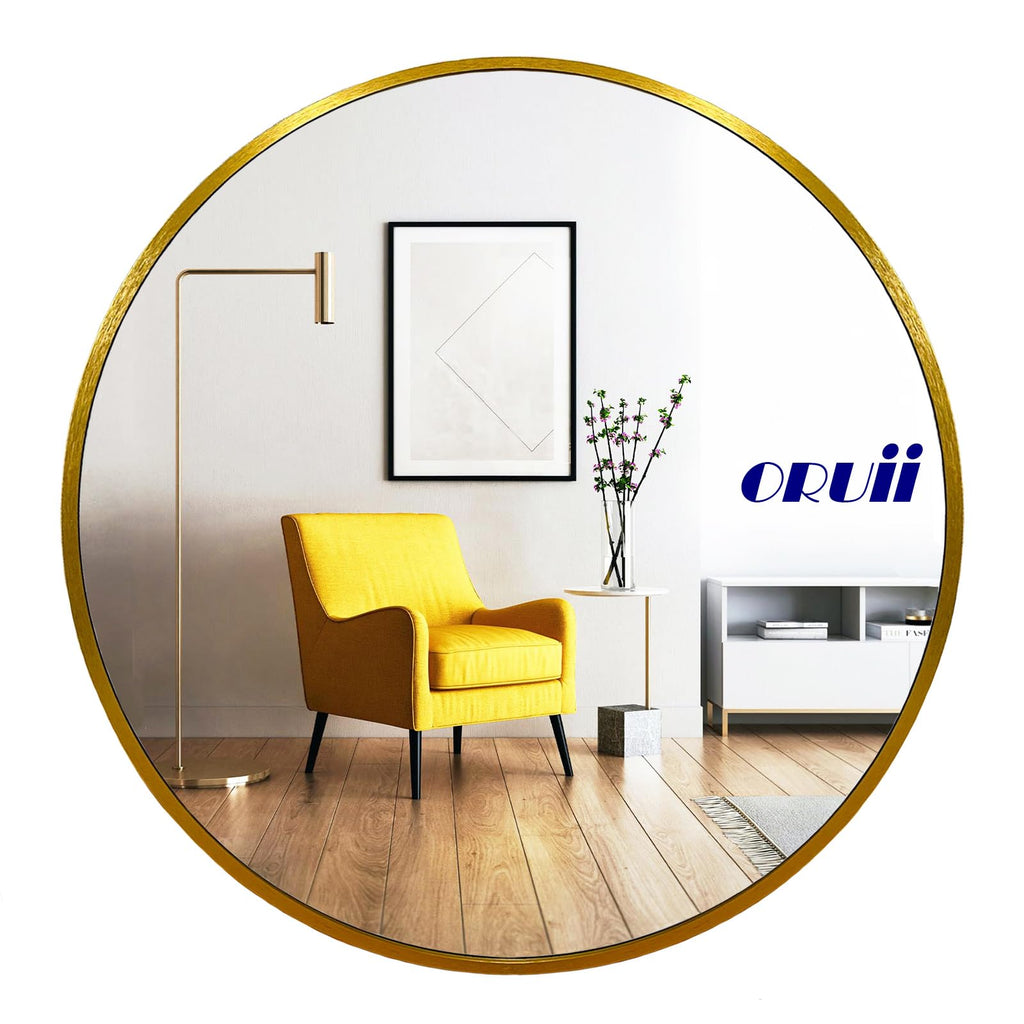 Oruii Gold Round Mirror, Gold Round Mirror 24 inch, Circle Wall Mirrors Metal Frame, Golden Circular Mirrors for Wall, Living Room, Bathroom, Entryway, Vanity, Hallway.