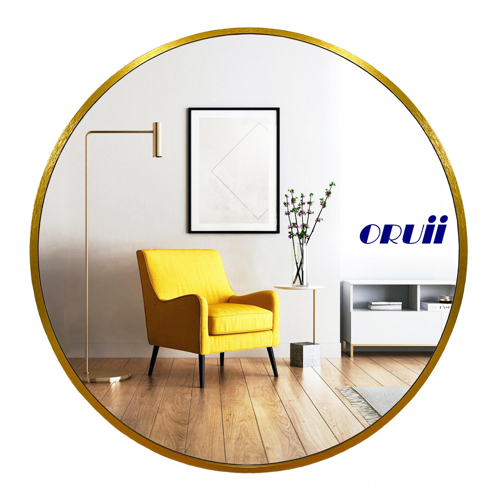 Oruii Gold Round Mirror, Gold Round Mirror 24 inch, Circle Wall Mirrors Metal Frame, Golden Circular Mirrors for Wall, Living Room, Bathroom, Entryway, Vanity, Hallway.