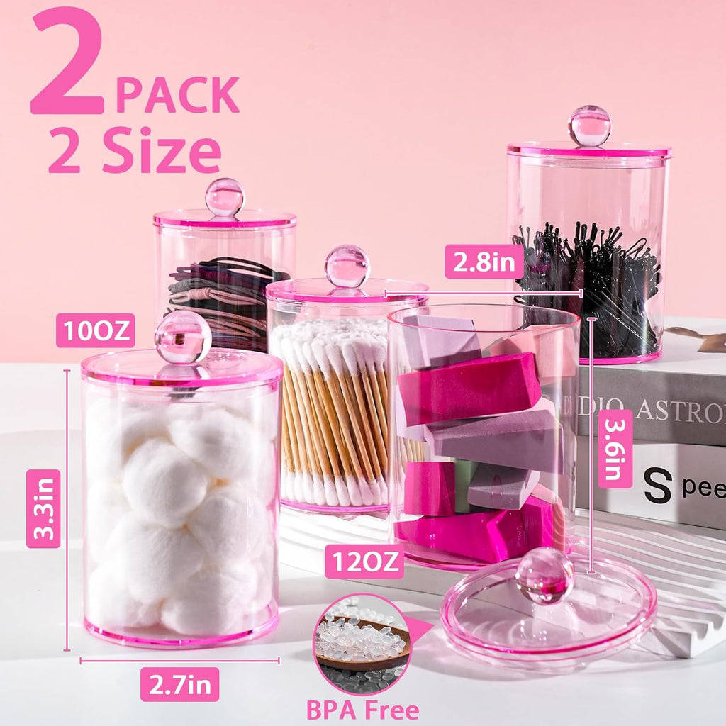 XIPENGKEJI Qtip Holder Set - Stylish Apothecary Jars for Cotton Swabs & Pads | 10oz-12oz Pink Canisters