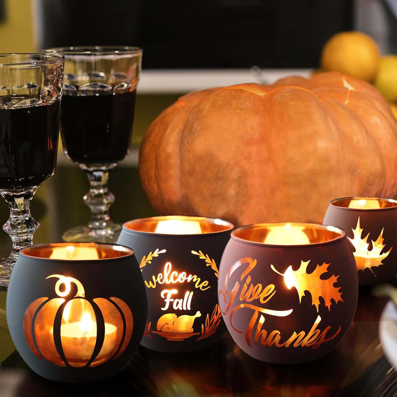 Thanksgiving Votive Candle Holder Set - 6 Glass Holders with Laser Engraved Patterns for Fall Decor