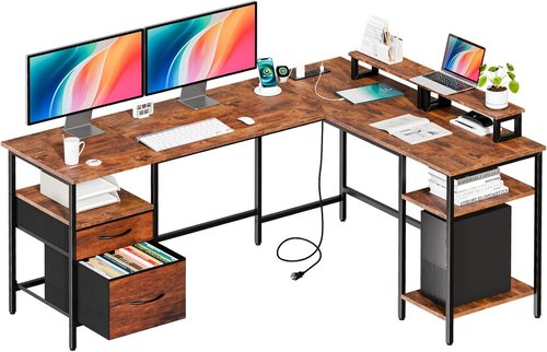 DUMOS L-Shaped Gaming Desk - 62 Inch with Charging Station & Dual Monitor Stands | Brown Corner Desk for Home Office