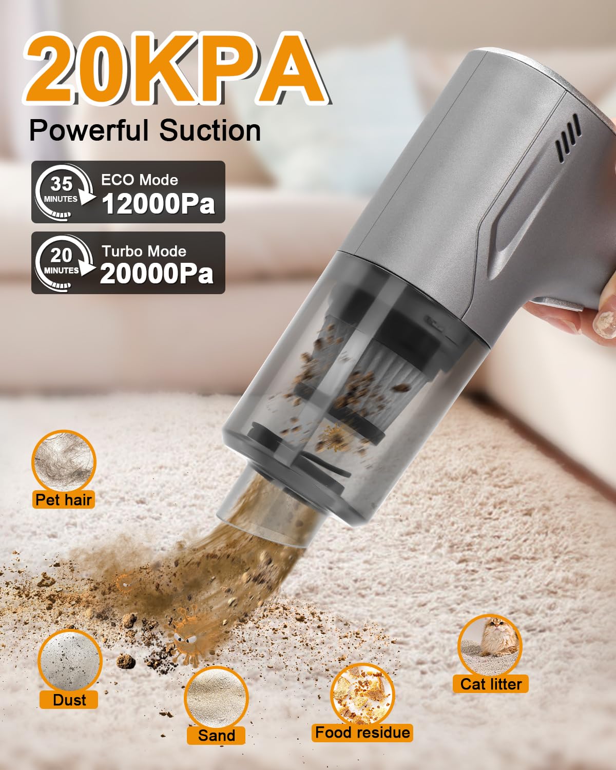4 in 1 Handheld Vacuum Cordless, 20000PA High Power Car Hand Vacuum Cleaner, Mini Portable Brushless Motor Dust Busters Cordless Rechargeable with Multi Accessories for Home, Office, Pet (Black)